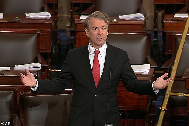 In this image from video from Senate Television, Sen. Rand Paul, R-Ky., speaks on the floor of the Senate Thursday, Feb. 8, 2018, on Capitol Hill in Washington. (Senate TV via AP)