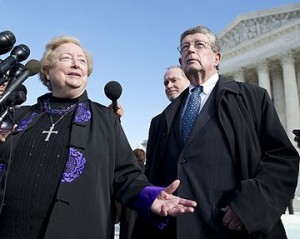 Attorney Philip Moran stands outside US Supreme Court with lead plaintiff Eleanor McCullen, a longtime pro-life sidewalk counselor. Other attorneys who worked tirelessly on this include Michael DePrimo and Mark Rienzi.  [Photo: Aol.com]  