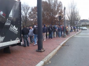People standing in line in front of the State House to receive their “Winter Survival Back Pack” in 2013. Hope for the Homeless gave away 350 last year and will hit 500 this year, their 8th year in a row!