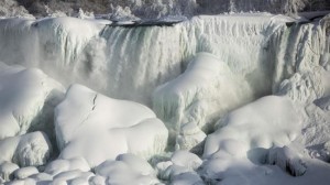 A partially frozen American Falls in sub-freezing temperatures is seen from Niagara Falls.