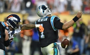 Cam Newton rushed by Broncos Superbowl MVP-Von-Miller