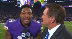 Caption: (Screenshot: Fox Sports) Minnesota Vikings wide receiver Stefon Diggs speaks during a post-game interview with Fox Sports after the Vikings victory over the New Orleans Saints in Minneapolis, Minnesota on Jan. 14, 2018.