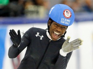 Caption: Maame Biney reacts after winning women's 500-meter A final race during the U.S. Olympic short track speedskating trials Dec. 16, 2017, in Kearns, Utah. (AP Photo/Rick Bowmer; caption amended by RNS)
