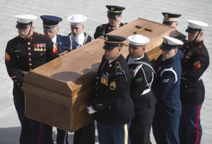 WASHINGTON, DC - FEBRUARY 28: (AFP-OUT) A joint U.S. Military honor guard carries a casket containing the remains of evangelist Rev. Billy Graham at the U.S. Capitol, on February 28, 2018 in Washington, DC. Rev. Graham is being honored by Congress by lying in repose inside of the U.S. Capitol Rotunda for 24 hours. (Photo by Saul Loeb-Pool/Getty Images)