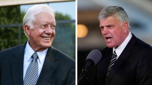 Caption: [CBN News] Evangelist Franklin Graham responds to former President Jimmy Carter's recent assertion that Jesus Himself would approve of gay marriage, saying the former president is "absolutely wrong." (Images via CBN News)
