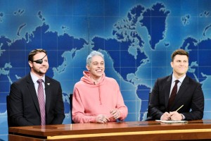 Caption: Dan Crenshaw, left, appears with Pete Davidson, center, and Colin Jost on “Saturday Night Live” on Nov. 10. (Will Heath/NBC)